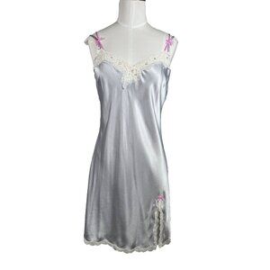VICTORIA'S SECRET Slip Dress Silver Pink Strap Lace Bows Sz M Rhinestone Satin